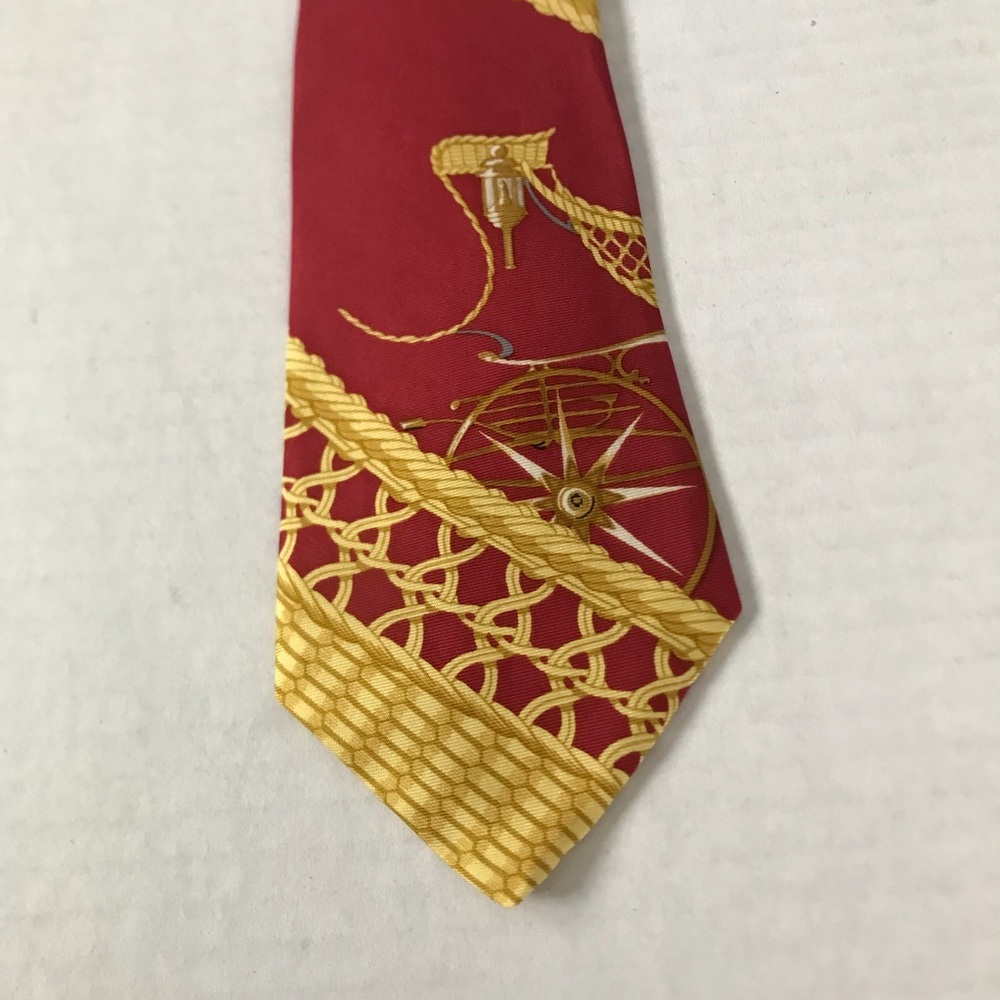 HERMÈS Tie Rare Silk Horse Carriage People Bicycle Chain Red Yellow - Picture 7 of 16